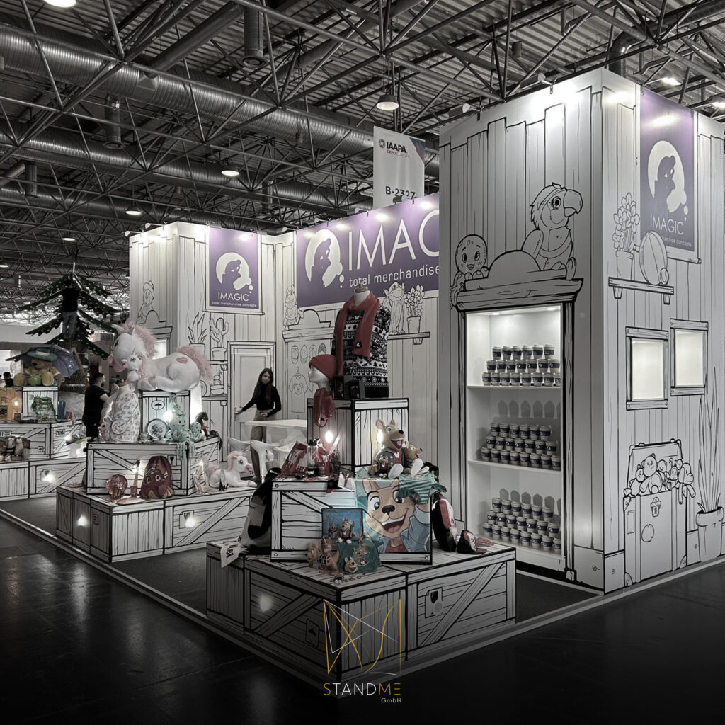 Custom exhibition stand design by StandMe showcasing creativity and client engagement in a professional setting.