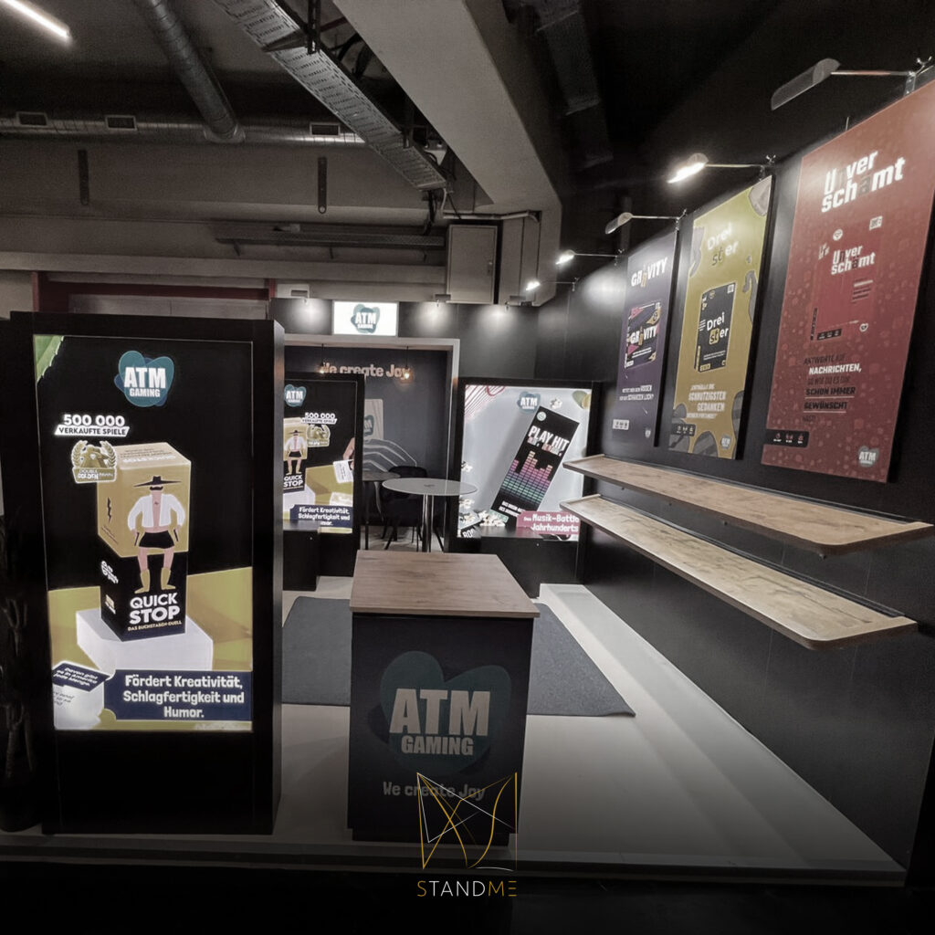 Custom exhibition stand design by StandMe showcasing creativity and client-focused solutions for brand visibility.